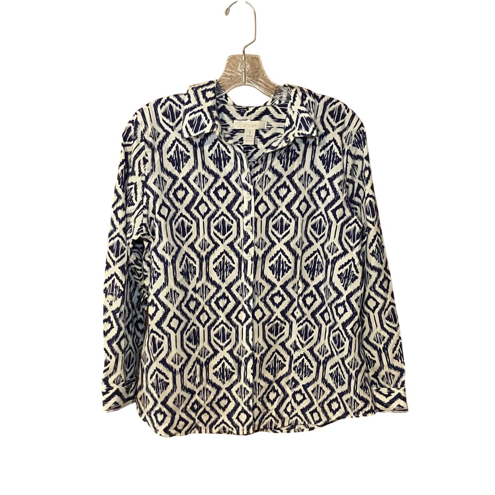 Chico's Button Down Shirt Women 1 M Blue White Ikat Geometric Roll Tab Cotton EX